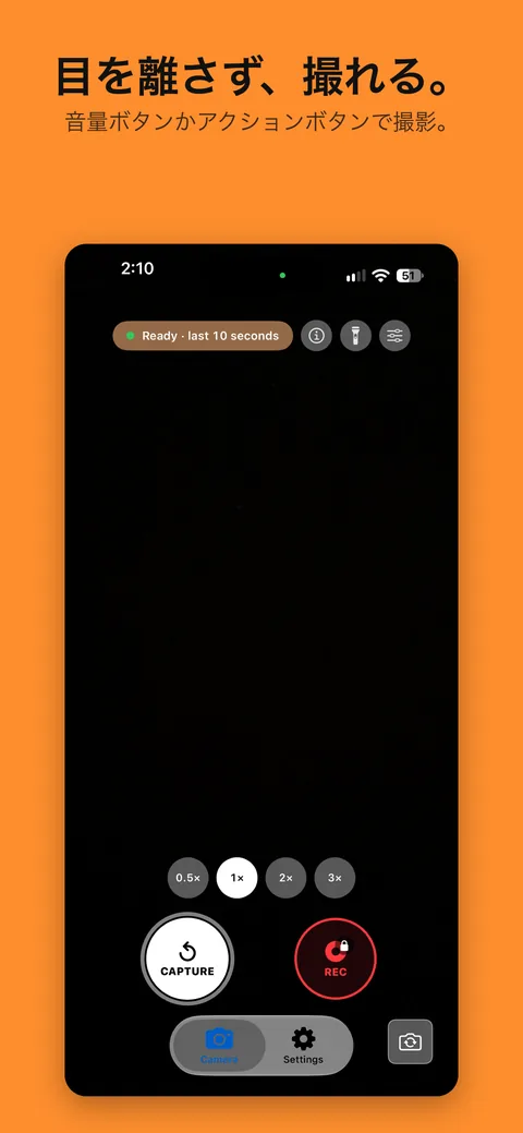 目を離さず、撮れる。 音量ボタンかアクションボタンで撮影。